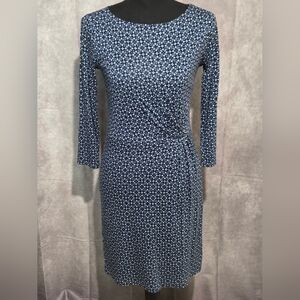 EUC Womens Ann Taylor Loft Lined 3/4 Sleeve Blue White Ruched Dress size XXS